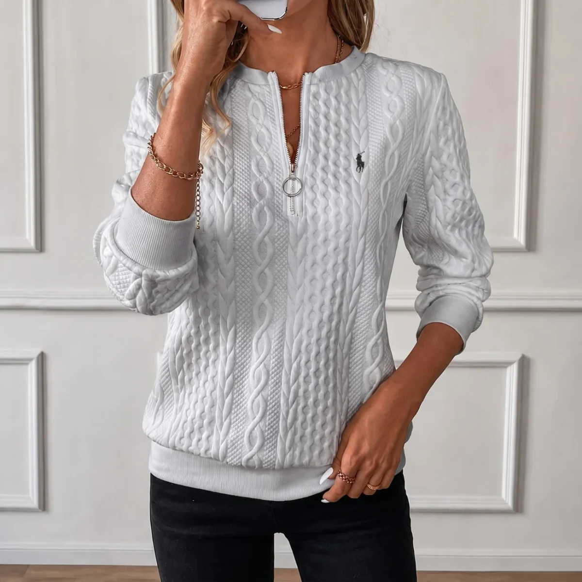 Kabelstickad Quarter-Zip Pullover - Utförsäljning - Bild 5
